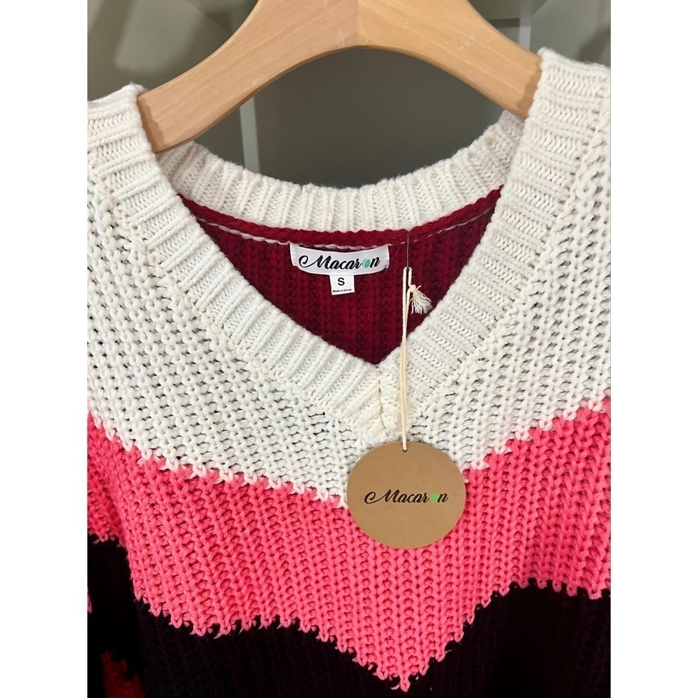 New! V Neck Pink Multi Puff Sleeve Oversized Chevron Sweater! - Picture 5 of 10